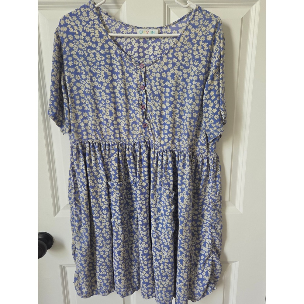 Vintage Floral Babydoll Dress Blue White Daisy Womens Medium Hippie Boho‎ Spring
